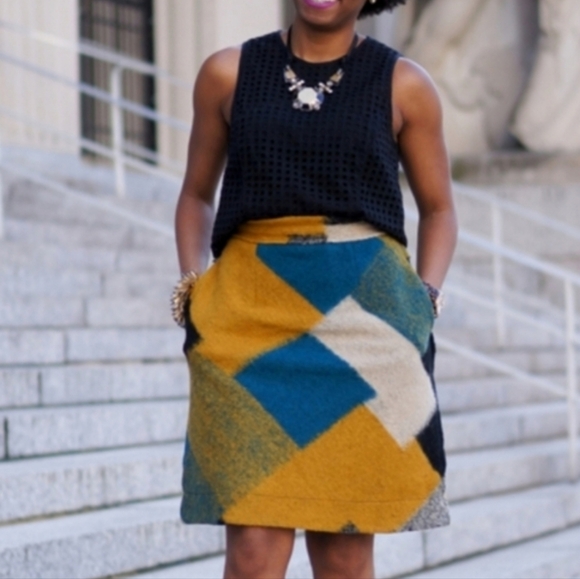 eshakti Dresses & Skirts - eShakti Graphic Geo Patch Print Fully Lined Wool Skirt w/ Pockets, XS